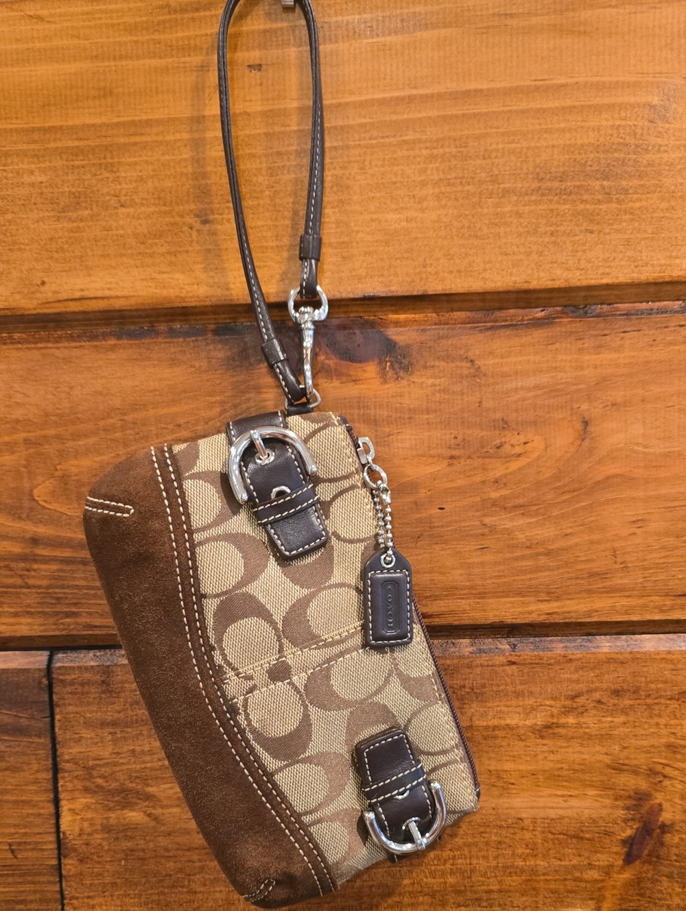 Coach Tan & Brown Signature Small Wristlet Clutch